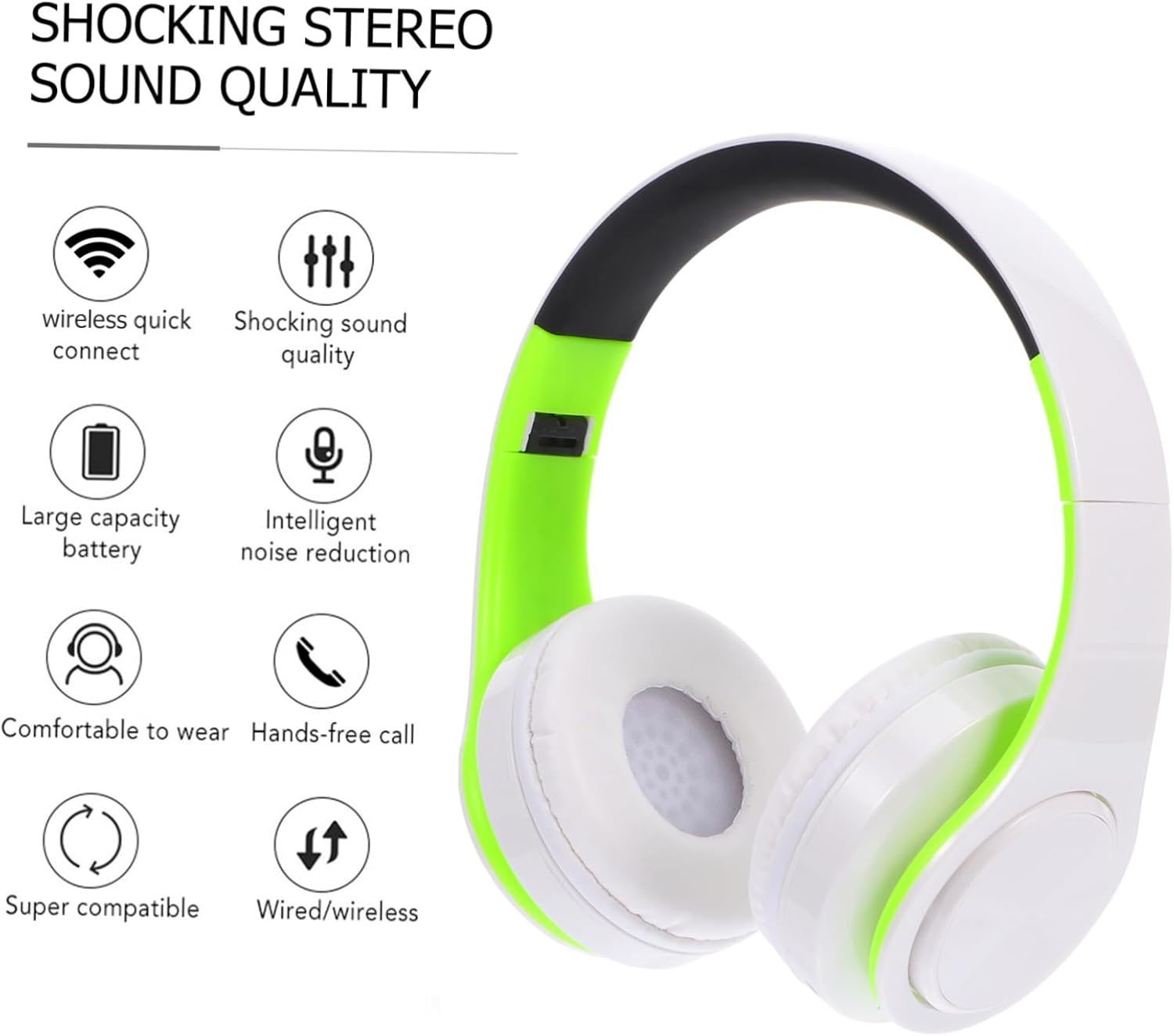 HOMOBABE Wireless Noise Cancelling Over-Ear Headphones Foldable Wireless Gaming Headset with Microphone for Pc Laptop Travel Sport Green White image number 4