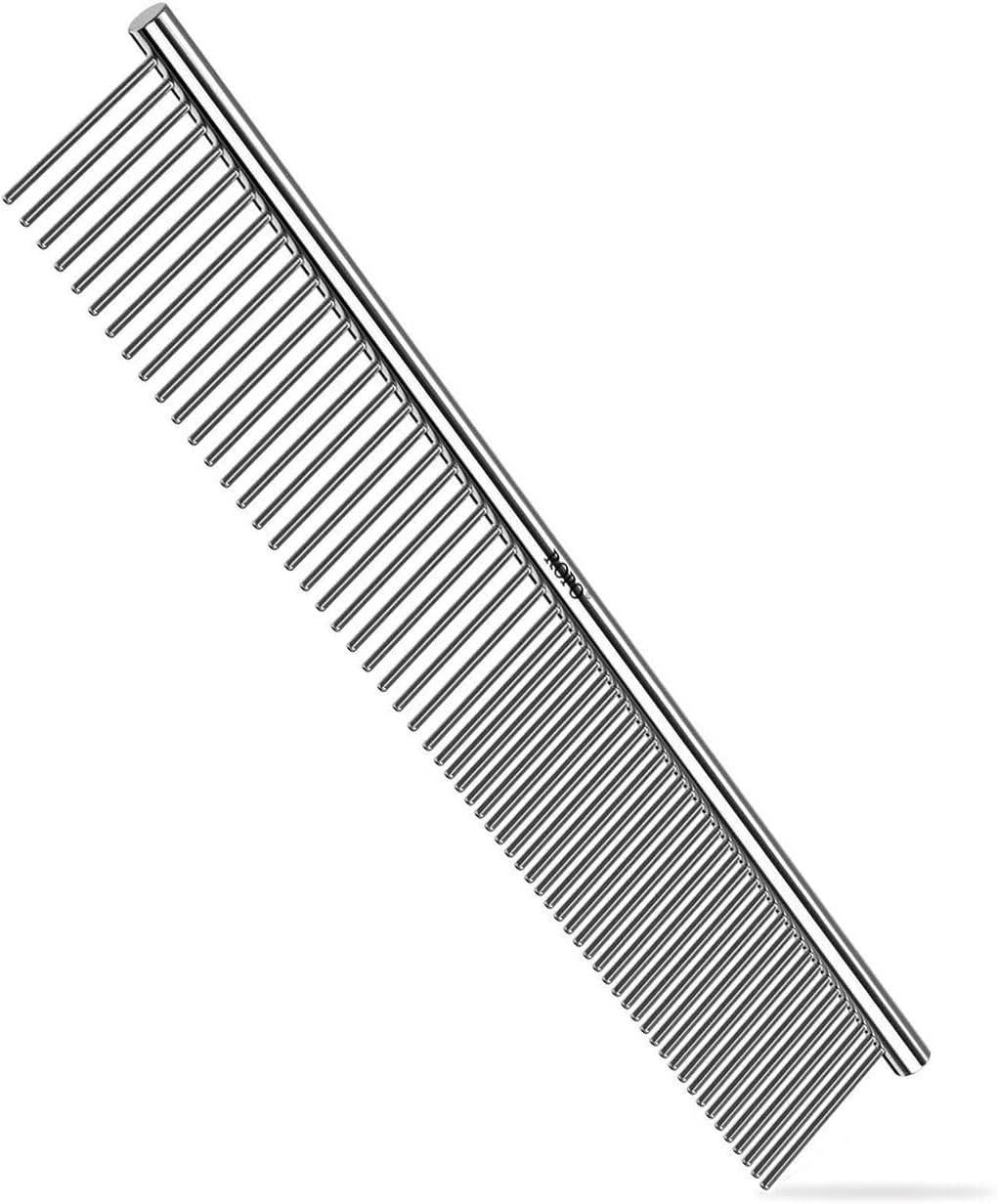 ROPO Pet Steel Combs Dog Cat Comb Tool for Removing Matted Fur - Pet Dematting Comb with Rounded Teeth and Non-Slip Grip Handle - Prevents Knots and Mats for Long and Short Haired Pets