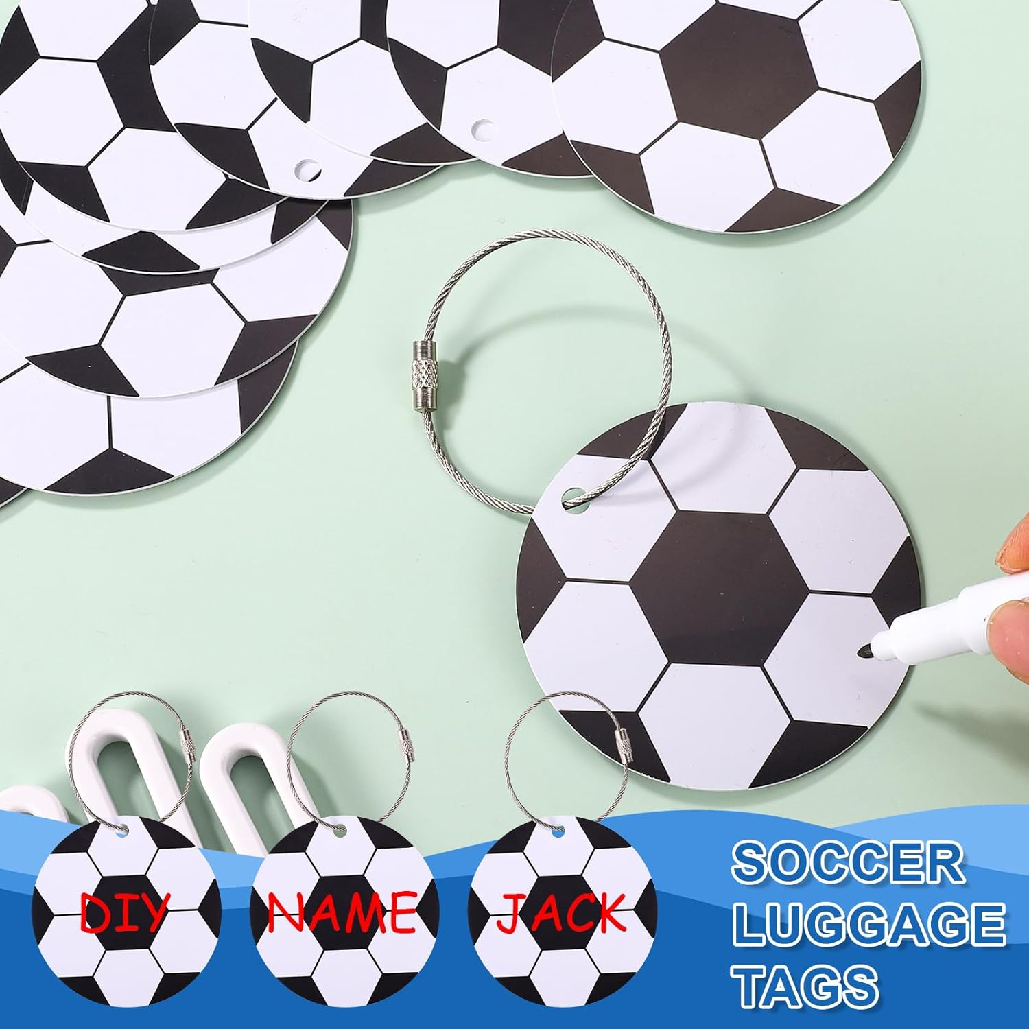 12Pcs Soccer Luggage Tags, 2.76In PVC Travel Bag Labels with Metal Ring Football Keychain Personalize DIY Name ID Cards for Men & Women Suitcases Backpack Sport Team Favors image number 3