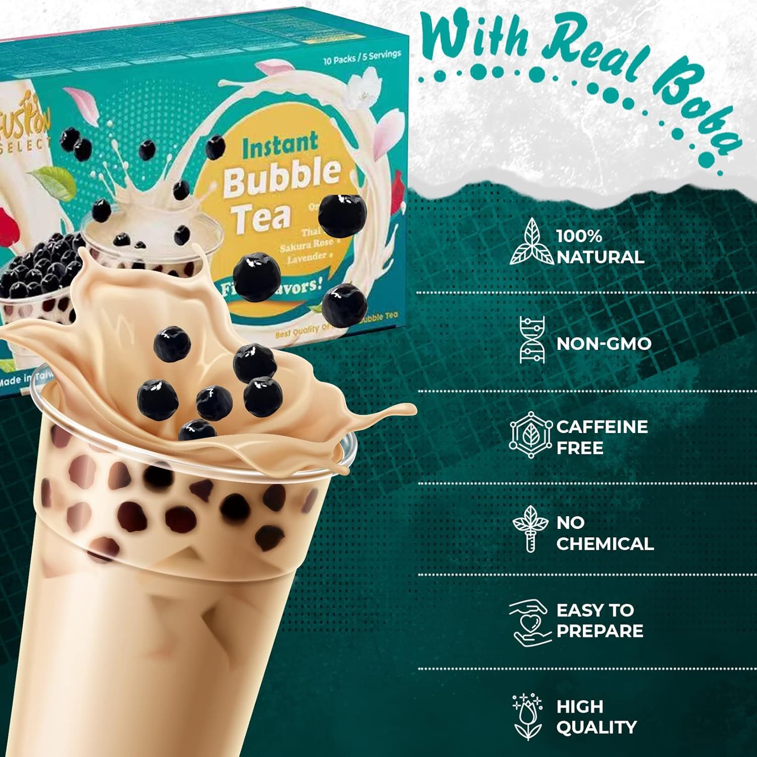 Fusion Select 5 Packs Authentic Tea Flavors Sakura, Lavender, Rose, Thai Tea, Original Milk Tea Boba Tea Kit Extra Rich Flavor Bubble Tea Drinks, Boba Tapioca Pearl, Boba Straws, Complete Boba Kit