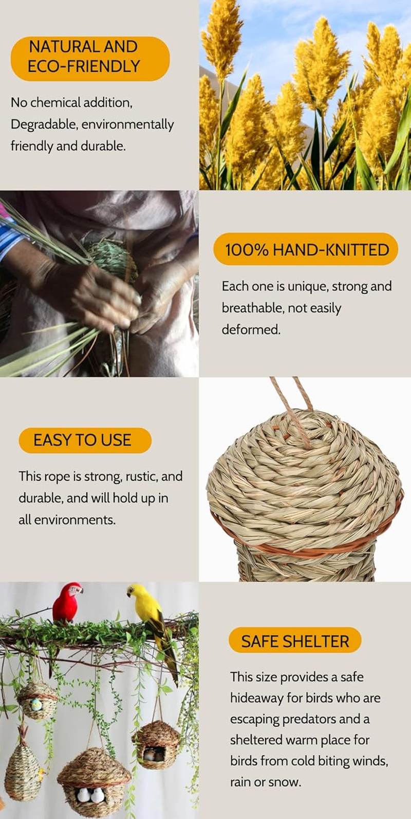 Qttie Hand-Woven Teardrop Shaped Eco-Friendly Birds Cages Nest Roosting,Grass Bird Hut,Hanging Bird House,Cozy Resting Place,100% Natural Fiber,Provides Shelter from Cold Weather (Treehouse Shape) image number 1
