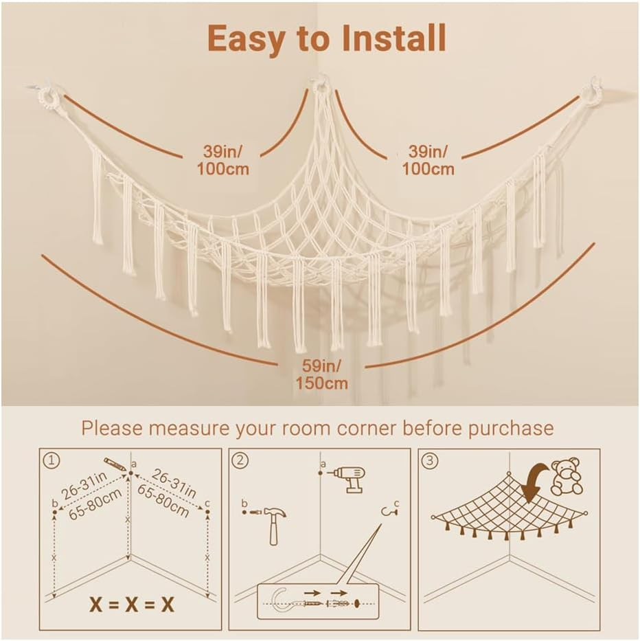 Toy Hammock,Extra Large Macrame Wall Hanging Soft Toy Storage Organizer for Nursery,Soft Corner Hanging Netting (Style A) - Style B image number 6