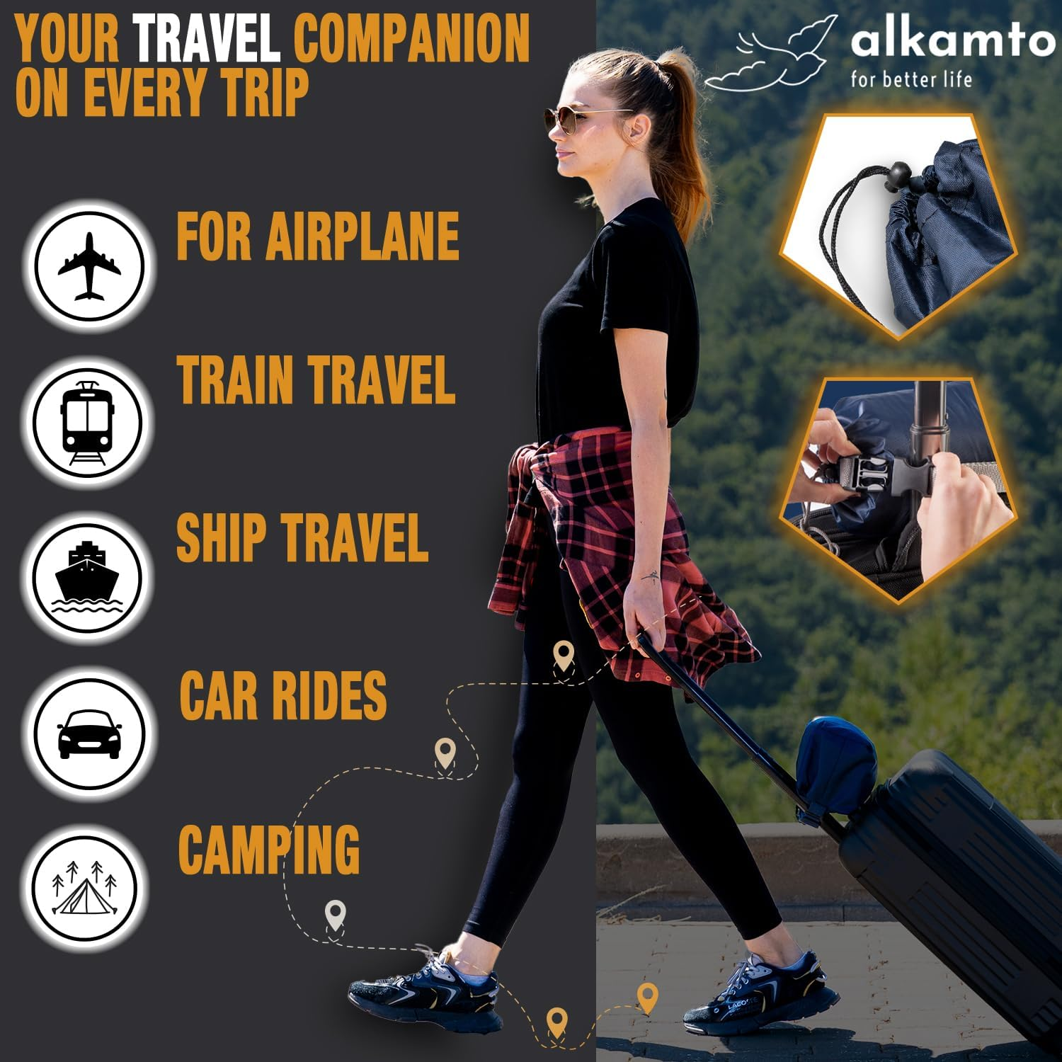 Alkamto Travel & Camping Comfortable Memory Foam Pillow with Extra Cotton Cover &ndash; Easy to Carry Portable Bag &ndash; Temperature Regulating Pillow Case - Perfect for Travelling/Fishing/Backpacking/Hiking image number 6
