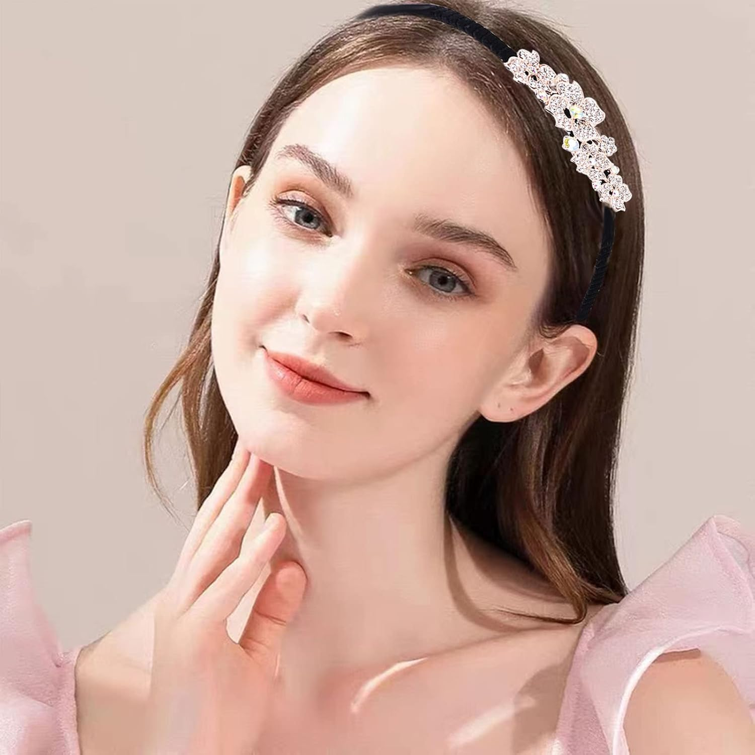 5 Pcs Crystal Hair Band for Women Headbands, Girl Fashion Hairband Flower Leaf Jewelry Rhinestone Head Hoop Cute Beaded Beauty Care Elegant Bling Headwear Accessory Wedding Bride image number 1