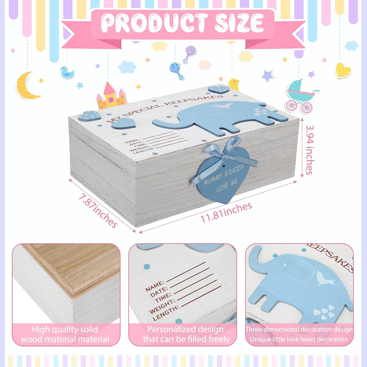 Soaoo 3D Wooden Baby Boys Memories Keepsake Box Baby Girls Elephant First Keepsake Box New Parent Newborn Baptismal Birthday Gift for Mementos 11.81'' X 7.87'' X 3.94''(Blue) image number 3