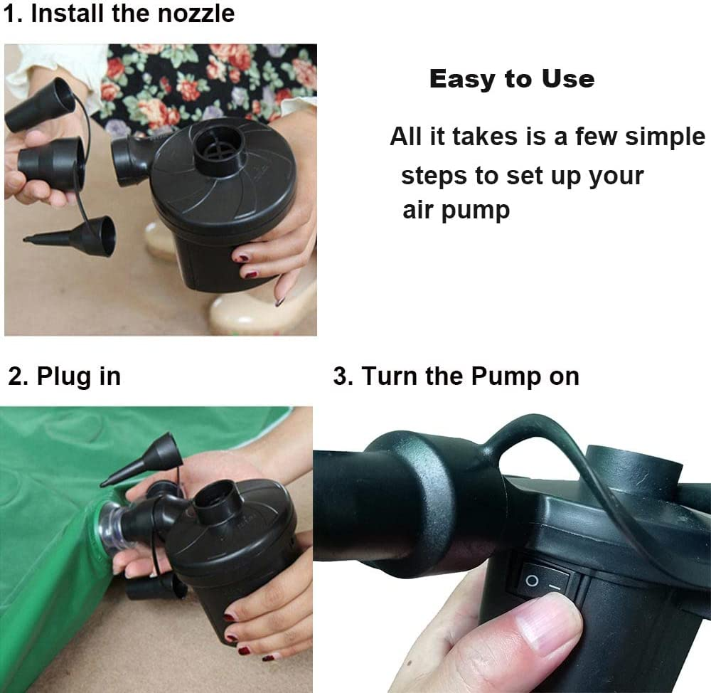 Electric Air Pump Air Mattress Portable Pump for Inflatables Couch, Pool Floats, Blow up Pool Raft Bed Boat Toy with 3 Nozzles, AC 110-240 Volt DC 12 Volt, Black image number 1