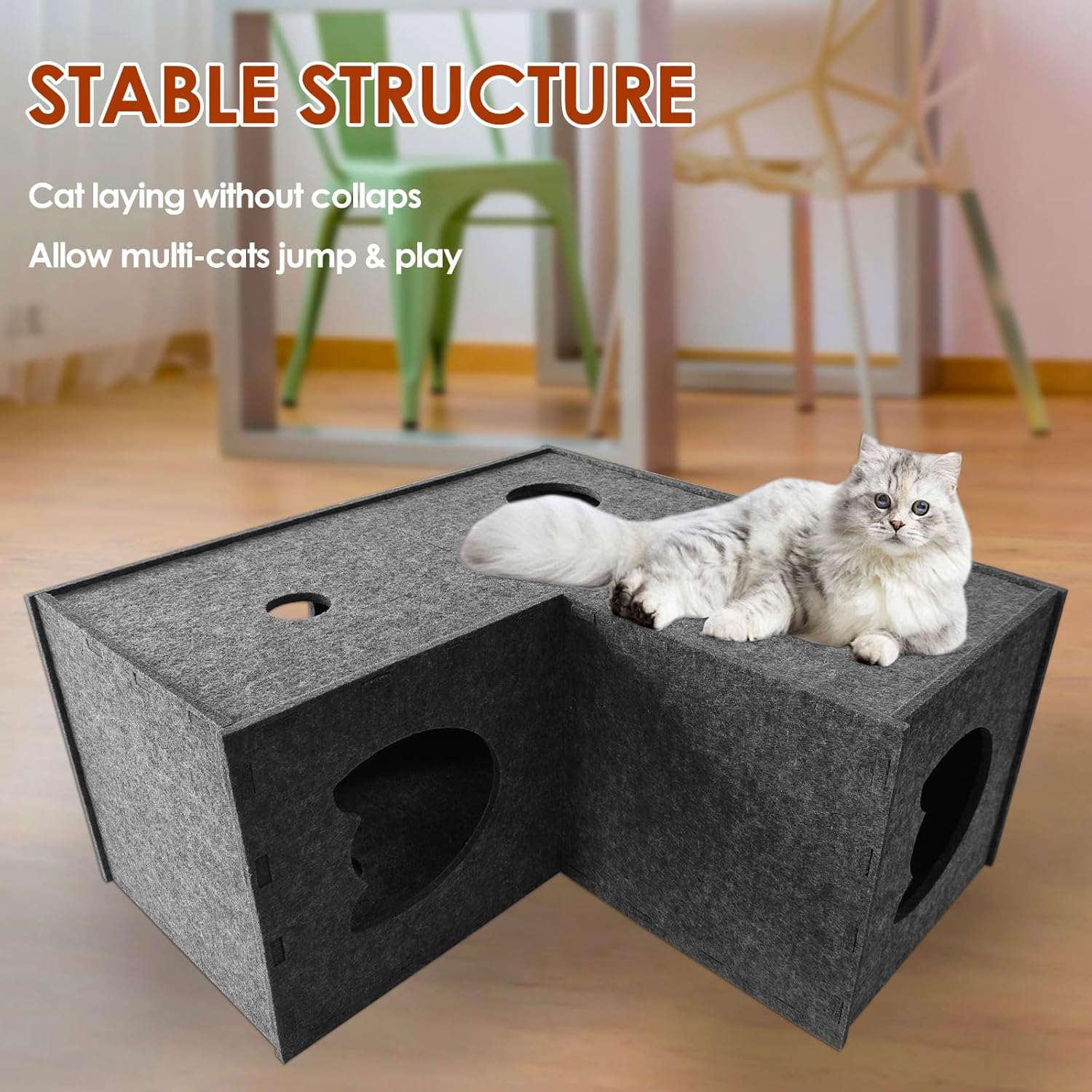 Cat Tunnel for Indoor Cats,Diy Transformable Cat Hideaway Cave,Kitten Play Tubes and Tunnels,Felt Peekaboo Cat Toy with Interactive Peek Holes (Grey, L-Shape Tunnel) image number 3