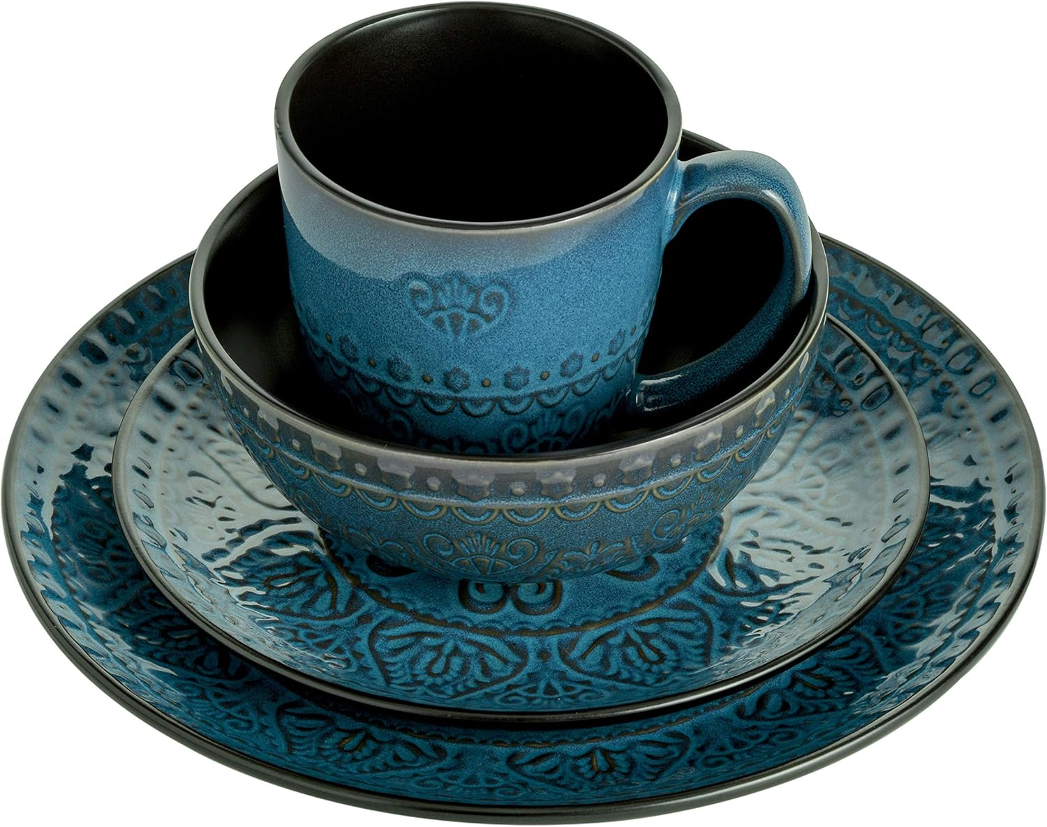 Gibson Milanto 16-Piece Dinnerware Set Featuring Embossed Reactive Glaze Stoneware, Plates, Bowls & Mugs, Blue - Gray image number 4