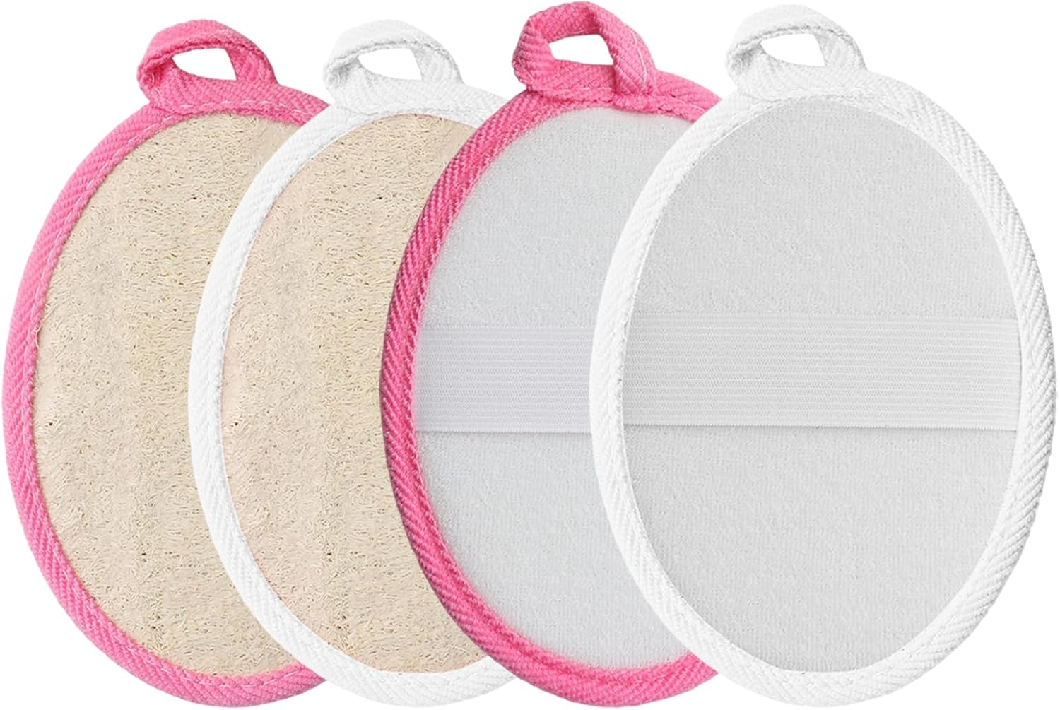 Shingidea 4 Pcs Natural Loofah Sponge Body Scrubbers 11X15Cm with Hanging Rope,Exfoliating Shower Loofah for Women and Men,2 White and 2 Pink Bath Sponges for Daily Skin Exfoliation and Cleansing