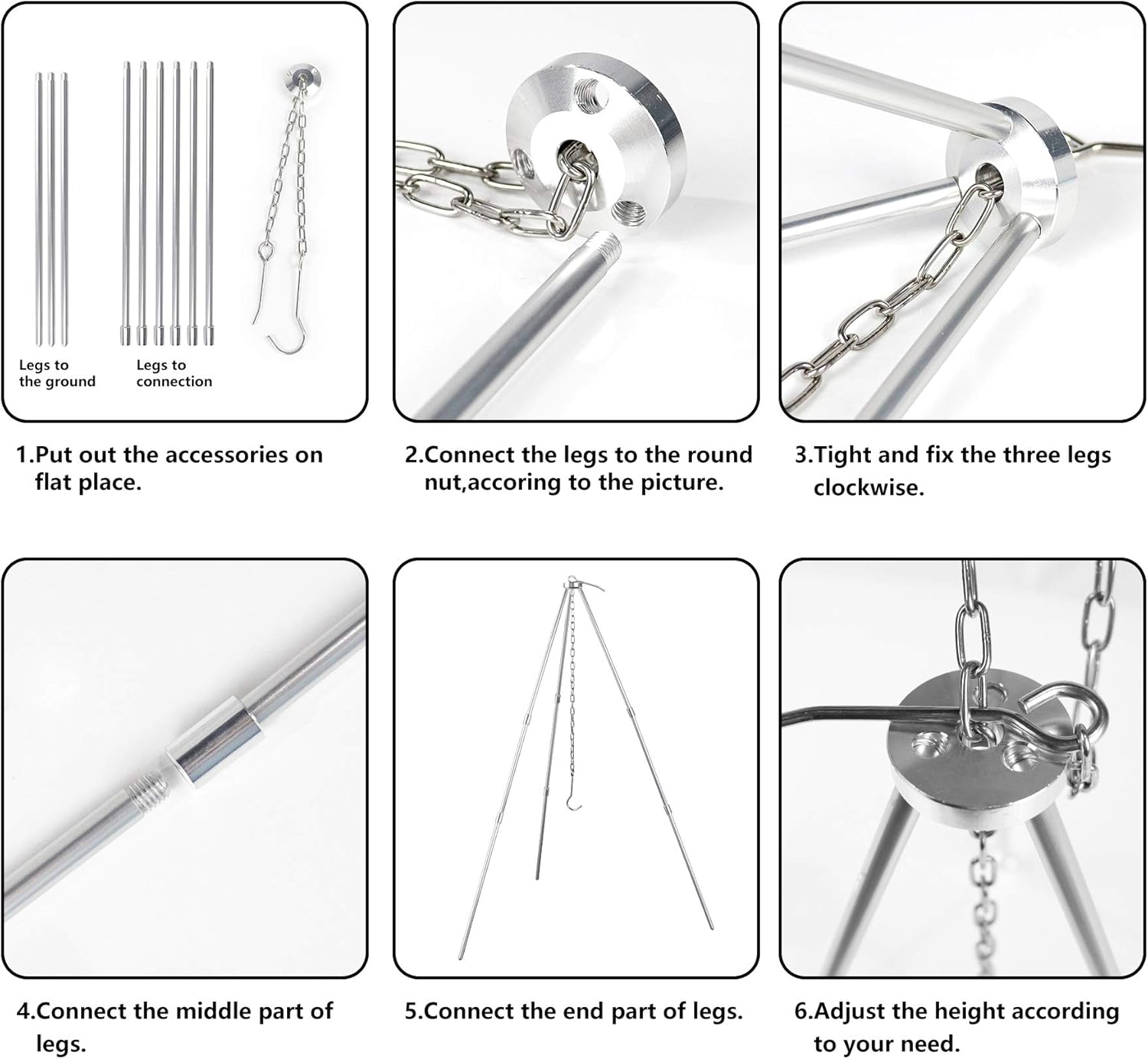 LBG Products Portable Camping Tripod,Camp Fire Grill Stand Tripod with Adjustable Hang Chain,Suitable for Outdoor Cooking,Camping,Picnic,Tripod Camping Accessories