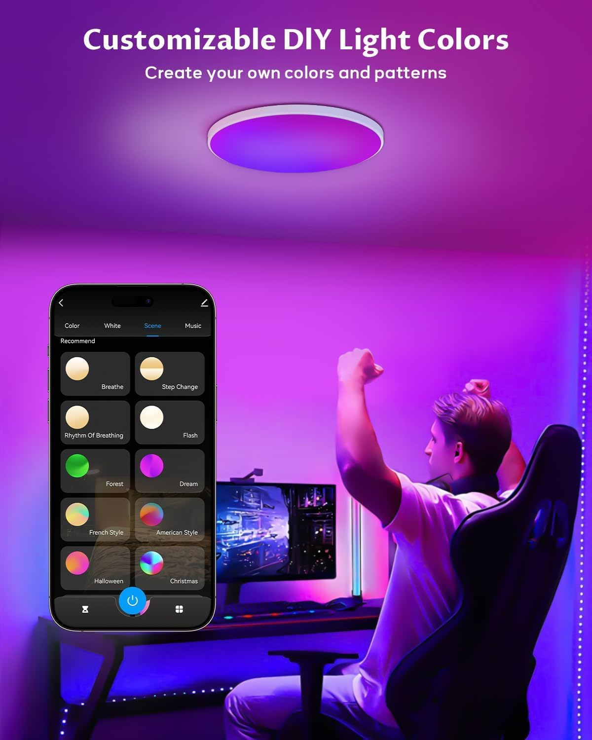 Smart Ceiling Light 24W 12" Flush Mount - Alexa & Google Home Compatible RGB LED Light with Music Sync, 16M Colors, Dimmable Wifi Ceiling Fixture for Bedroom, Kids Room image number 1