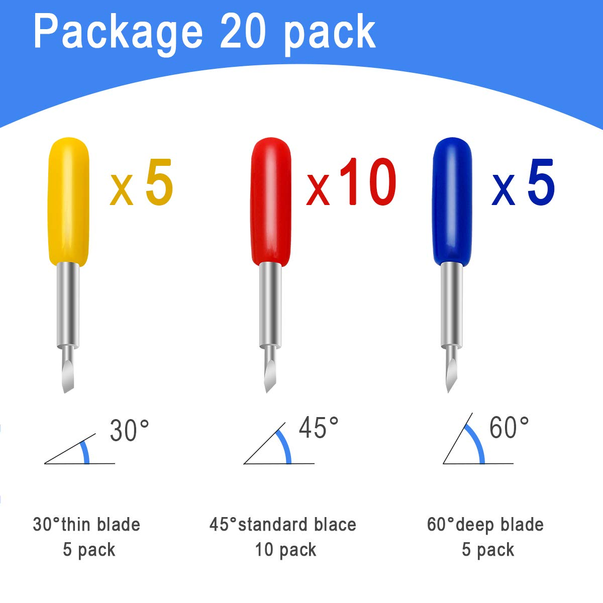 20 PCS 3Rd Party Accessory Blades for Cricut - Replacement for Explore Air 2, 10P 45&deg; for Expression, 5P 30&deg;, 5P 60&deg; Cutting (20 Pack) image number 3