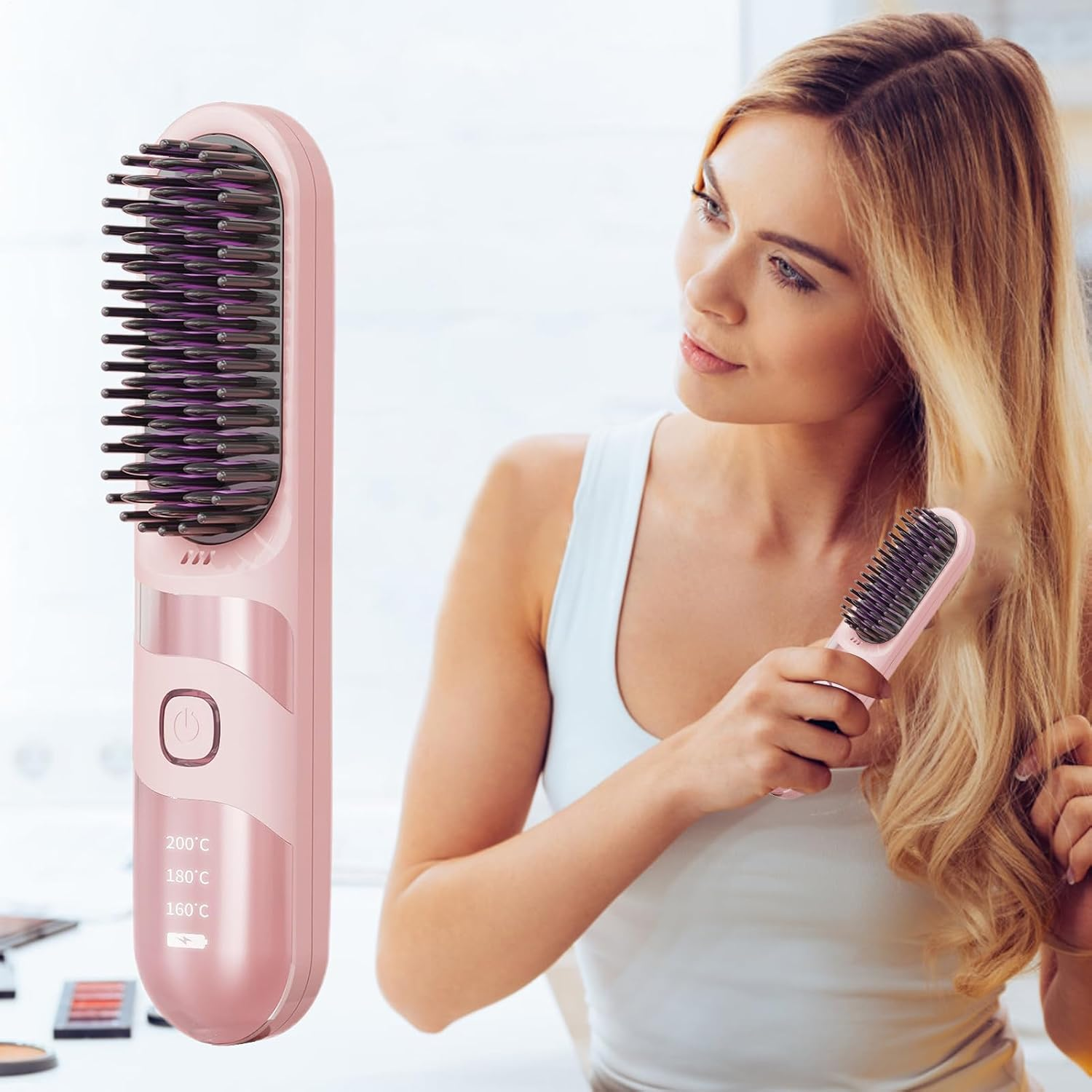 Uoqpty Small Hair Straightener - Electric Curler Brush,2-In-1 Portable Cordless Hair Straightener Brush with 3 Adjustable Temperature - Purple image number 3