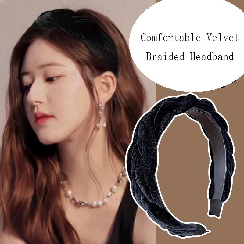 RFTWXHPN Black Velvet Braided Headbands for Women Padded Wide Hair Bands Braid Headband for Women Girls Non Slip Thick Braided Head Bands Chunky Puffy Hair Hoops Band Braids Headband image number 5