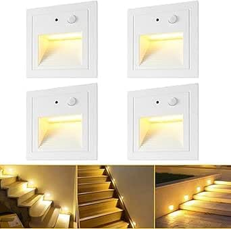 GEYUEYA Home LED Stair Lighting, Warm White, Set of 4, with Motion Sensor, Stair Light, IP65 Waterproof, 230 V Safety, 3 W Even Warm Light Source, Aluminium (White)