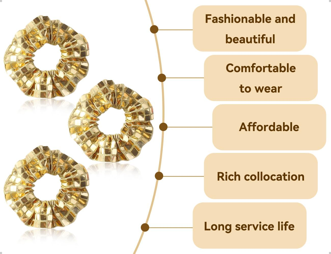 Emezddo Pack of 3 Hair Bobbles, Sequin Ponytail Scrunchies, Glitter Elastic Hair Accessories, Used for Women Girls Sports Disco Carnival Theme Party Birthday (Gold) image number 1