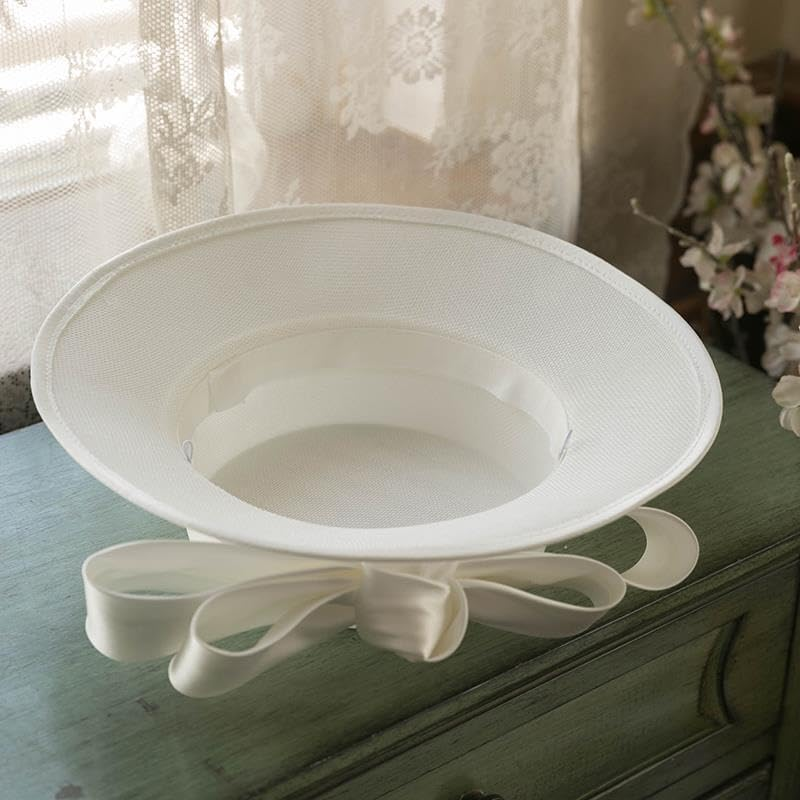 Vintage Elegant Bride British Mesh Bow Flat Top Hat Ball Satin White Headdress Gauze Hat image number 5