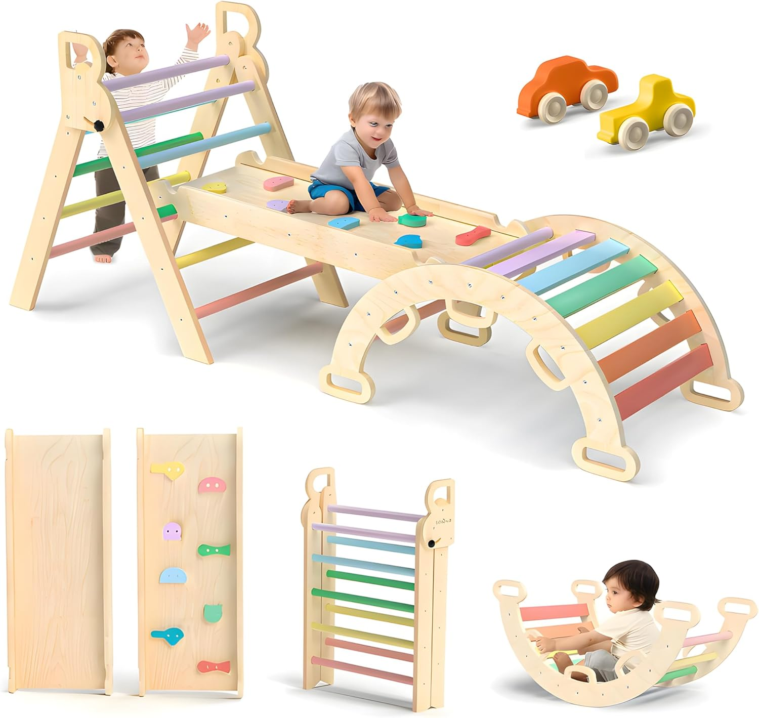 Kids Triangle Climbing Toys Set 7 in 1 Foldable Toddler Wooden Climbing Toys with Arch Ramp Ladder Baby Climber Indoor Jungle Gyms for Toddlers - Rainbow image number 5
