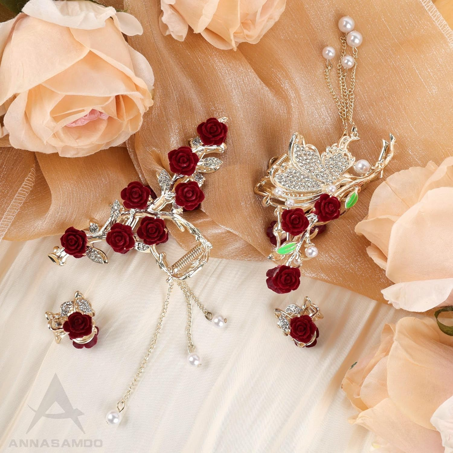 ANNASAMDO Pack of 4 Rose Flower Hair Clips Butterfly Large and Small with Tassel for Women Accessories image number 1