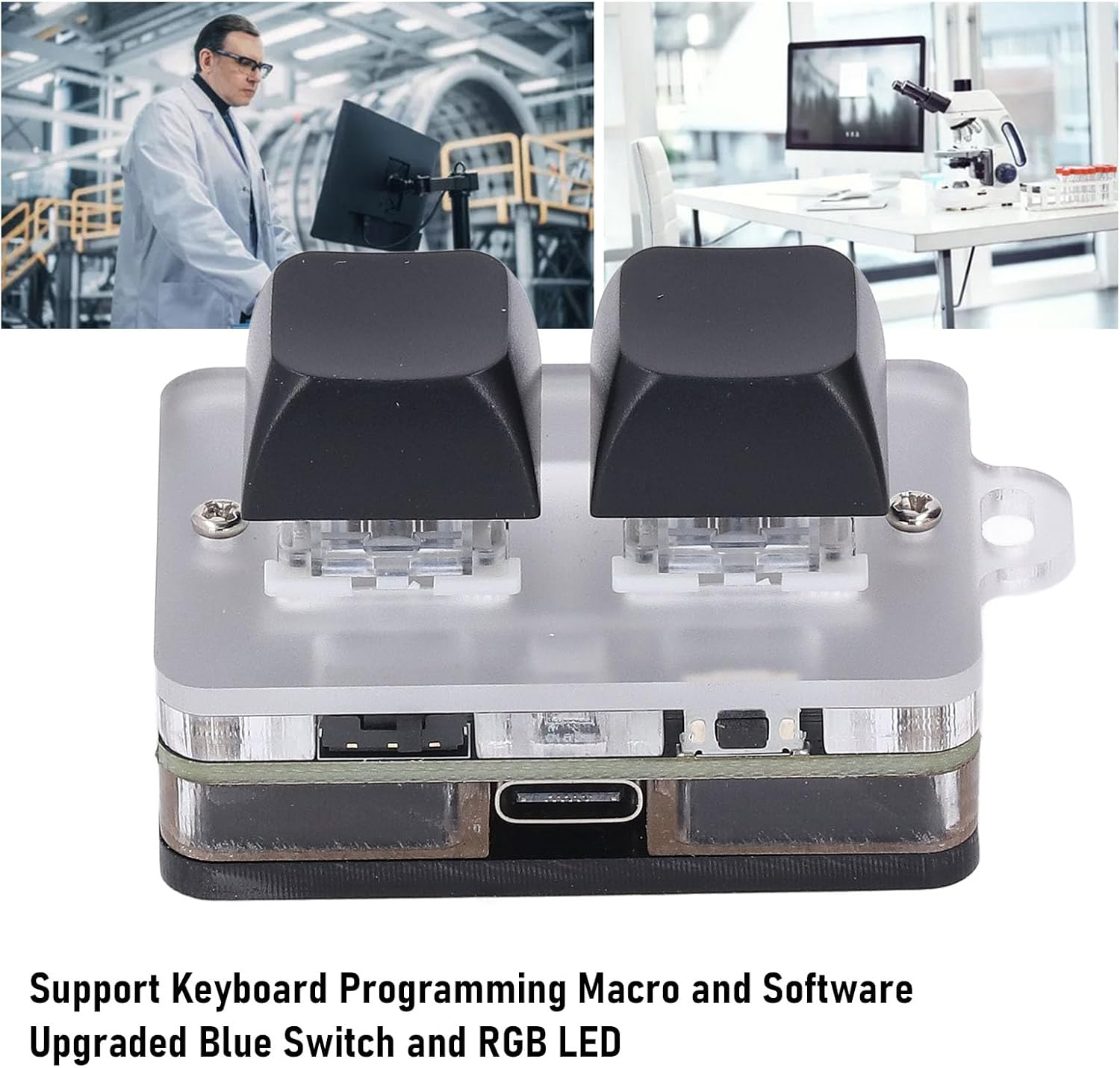 USB 2-Key Mini Keypad, Support Programming Macro and Software Blue Switch Custom Keyboard with RGB Light, Support Bluetooth and USB C Connection