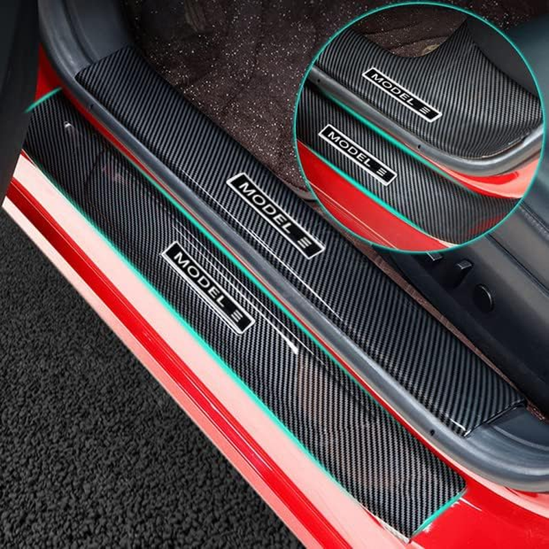 FLAMPETUS Door Sill Protector for Tesla Model Y, 4 Pieces Door Entry Protectors Strips for Inner Side, Tesla Model Y Accessories 2021 2022 2023 for 5-Seater, Glossy Carbon Fiber Pattern