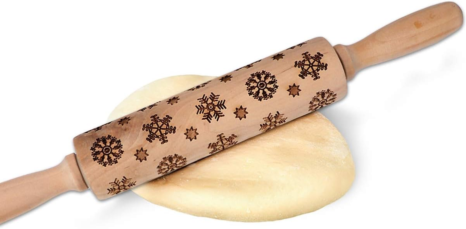 Snowflake Print Rolling Pin Wooden Embossed for Baking Christmas Tree Cookies Scenario image number 5