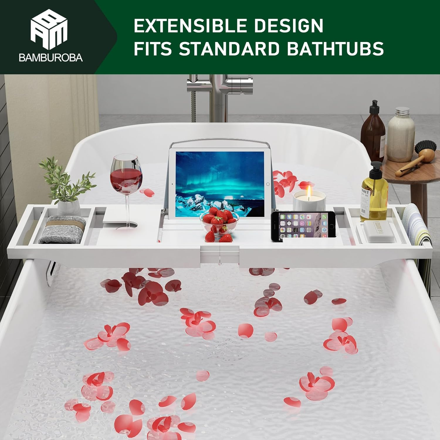 Foldable Bamboo Bathtub Caddy Tray Expandable for Luxury Bath, Bath Accessories & Table with Wine Glass Holder, Book Stand Bathroom Organizer with Extending Sides for Men/Women,White