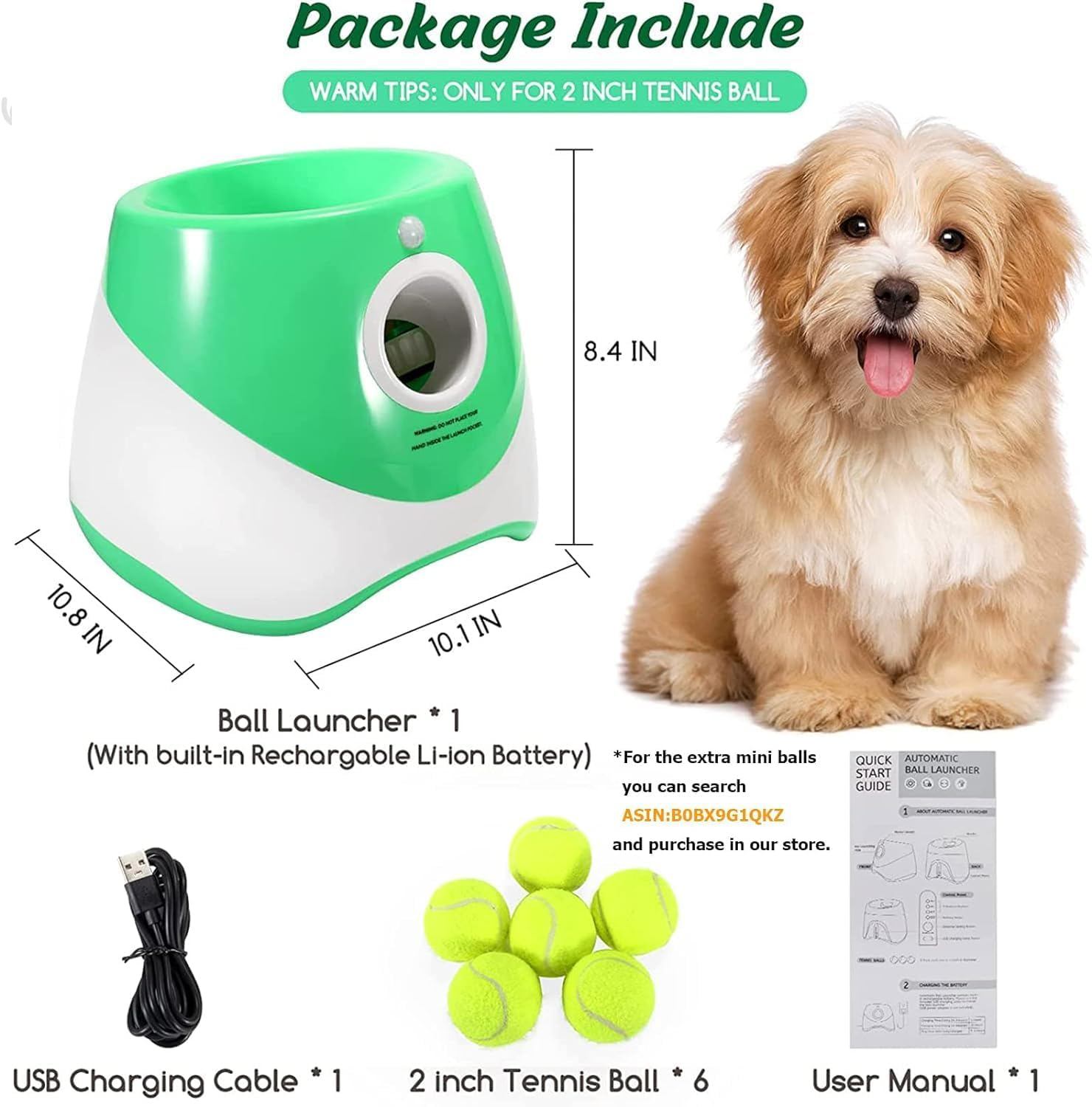 Automatic Dog Ball Launcher, Dog Ball Thrower with 6 Balls, 3 Adjustable Distance Settings,Dog Toy for Indoor and Outdoor (Green)
