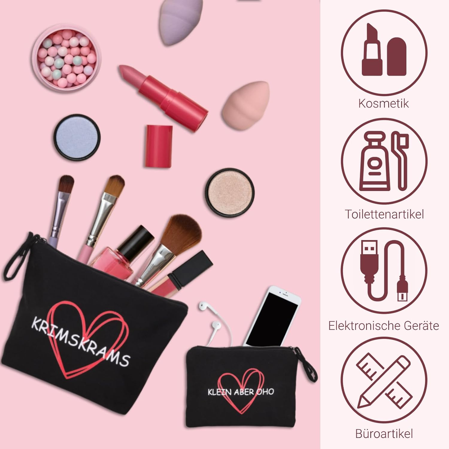 Pack of 2 Small Cosmetic Bag for Women/Girls, Toiletry Bag for Women, Black Krimskrams Make-Up Bag for Women, Girlfriend, Mum, Make up Bag with Saying, Travel Purse image number 4