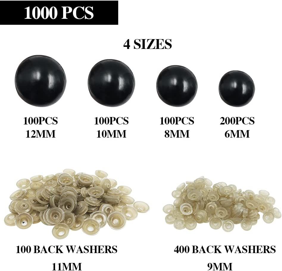 Findtop 1000 Pieces Black Plastic Safety Eyes with Washers for Stuffed Animal Eyes DIY Craft Projects (4 Sizes) image number 1