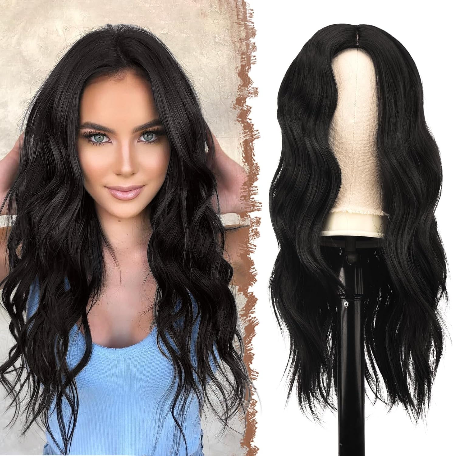 XILIYAI Long Black Wigs for Women, 26 Inch Middle Parting Synthetic Wavy Wig for Daily Party, Natural Black