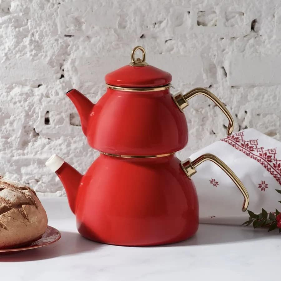 Karaca Retro Enamel Teapot Set, Red, Suitable for Induction, Tea Maker, Kettle, Tea Infusion 1.1 L, Water Jug 2.3 L, Turkish Tea Kettle, Tea Maker, Caydanlik image number 6