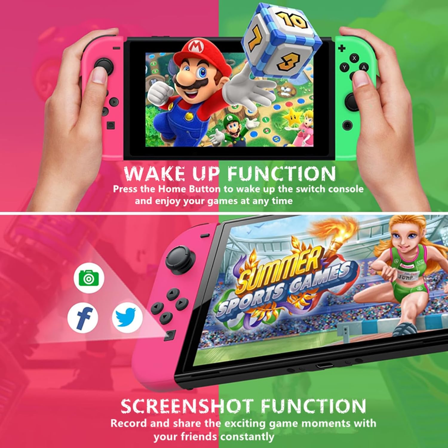 Joy Cons for Switch Controllers, Wireless Replacement for Switch, Left and Right Controllers Support Sports Dual Vibration/Wake-Up/Motion Control/Screenshot Function (Green and Pink) image number 2