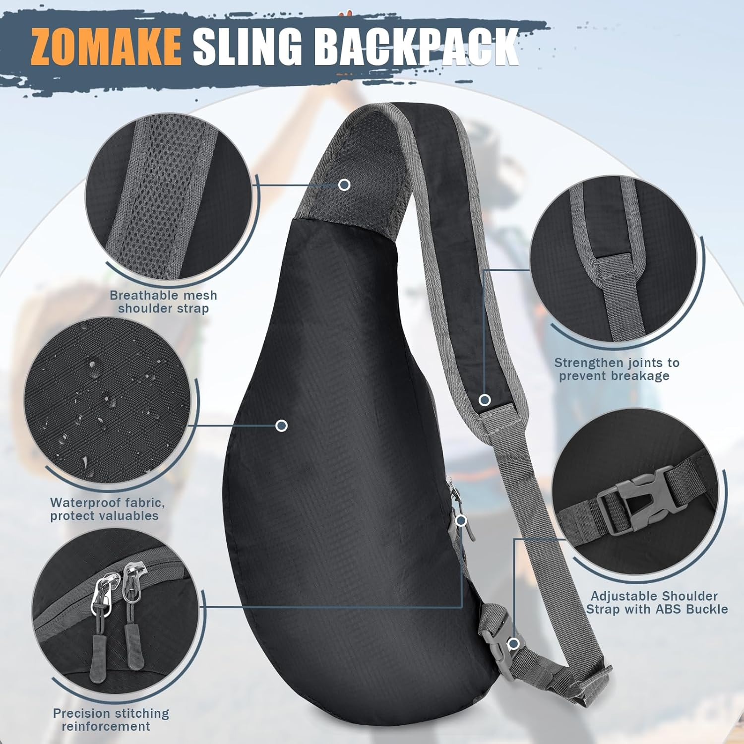 ZOMAKE Sling Backpack 10L - Small Crossbody Backpacks Waterproof Sling Bag for Women Men (Blcak) image number 2
