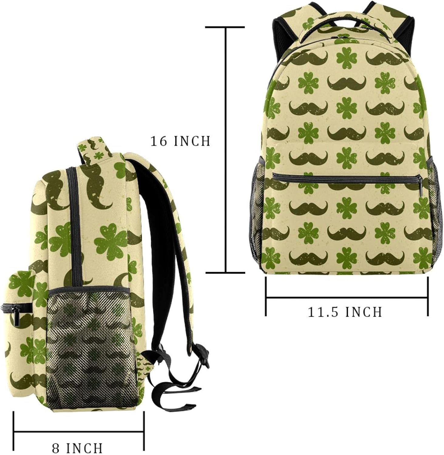 St. Patrick'S Day with Four Leaf Clovers and Mustaches Backpack Students Shoulder Bags Travel Bag College School Tote Backpacks image number 5
