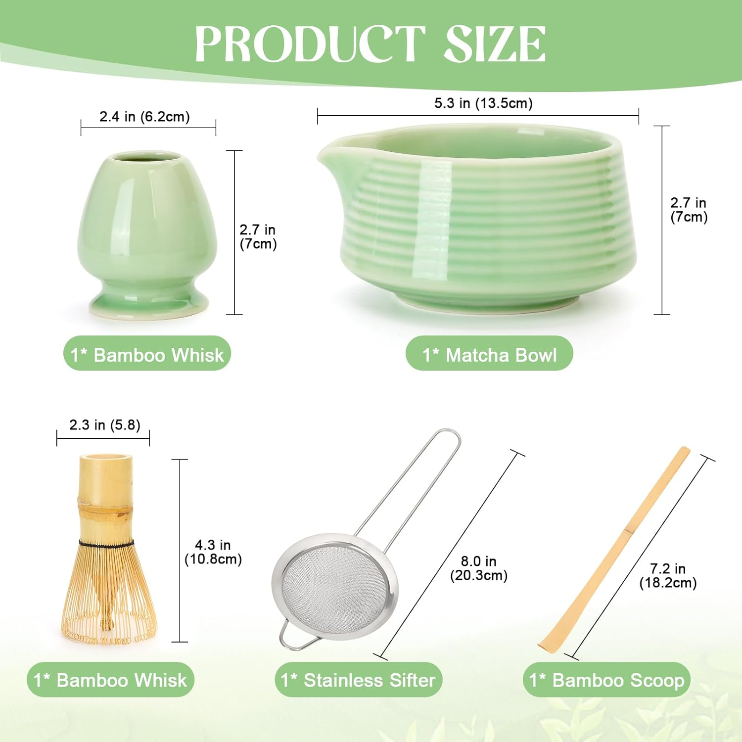 Matcha Whisk Set, Matcha Bowl with Spout, Matcha Whisk and Holder, Bamboo Matcha Scoop and Stainless Sifter - 5 Pcs Jade Green Matcha Kit for Matcha Lover image number 3