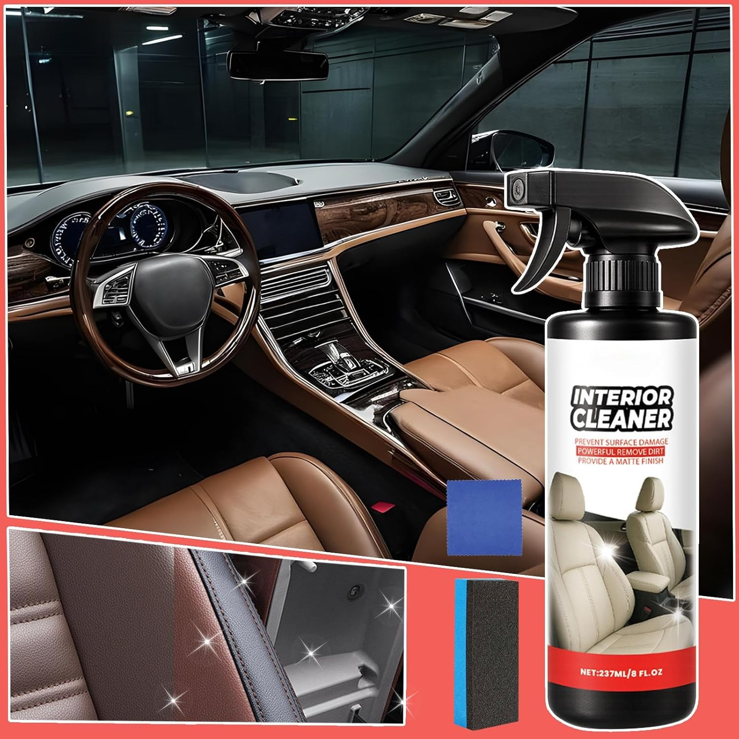 JIEBWCHA Leather Cleaner,Car Steering Wheel Cleaner with Cloth and Sponge | 237Ml Automotive Cleaning Detailing Spray for Steering Wheel Trim Door Leather Seat Dashboard image number 4
