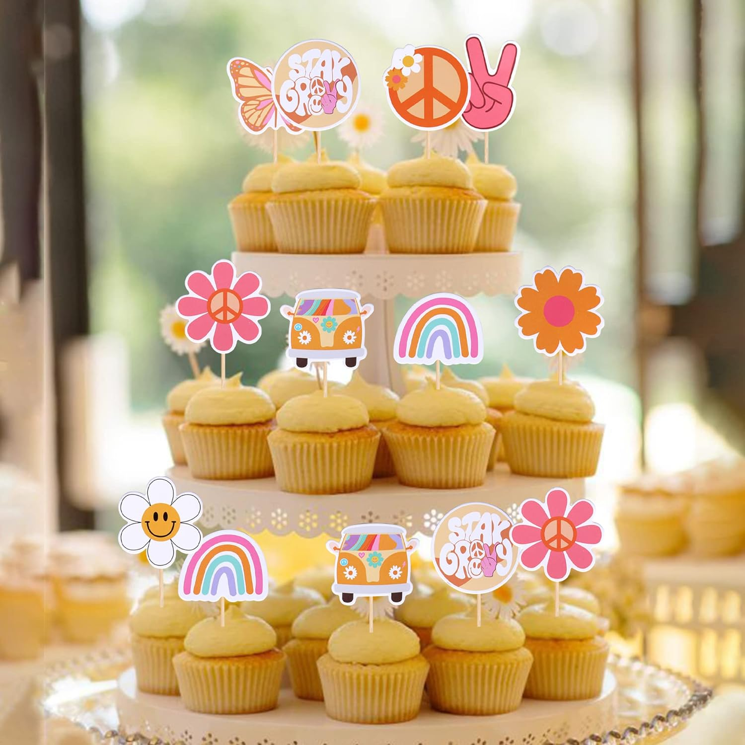 SYKYCTCY 36 Pack Hippie Party Cupcake Toppers Peace Sign Hand Butterfly Two Groovy Cupcake Picks Flower Bus 60S Retro Boho Cake Decorations for Hippie Two Groovy Carnival 2Nd Birthday Party Supplies image number 5