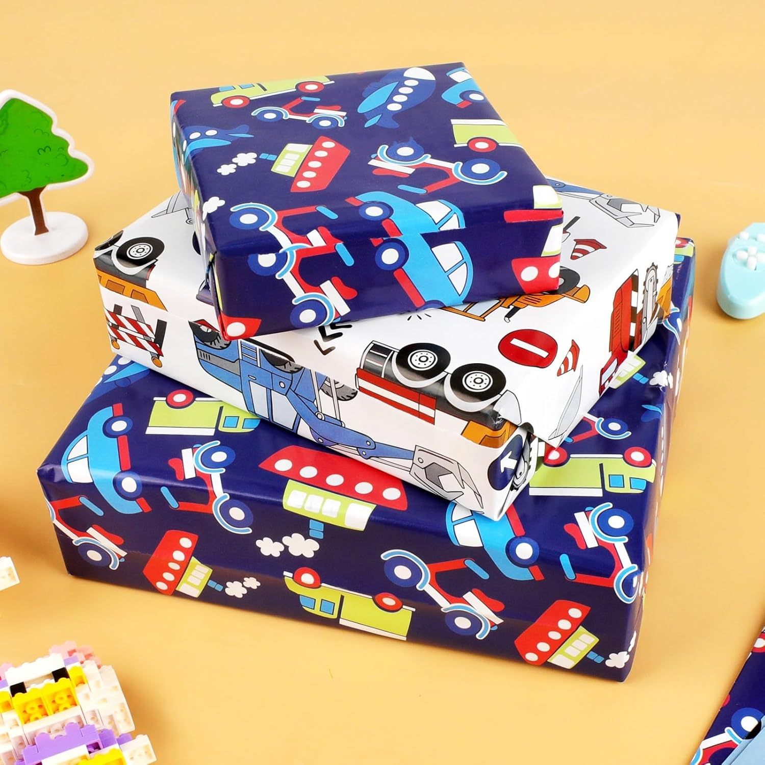 ZCOINS 4 Sheets 70 X 50CM Vehicle Wrapping Paper for Kids Mens Police Car Ambulance Fire Truck and Helicopter Emergency City Rescue Theme Transport Gift Paper Bulk for Birthday Party DIY Crafts Supply image number 5