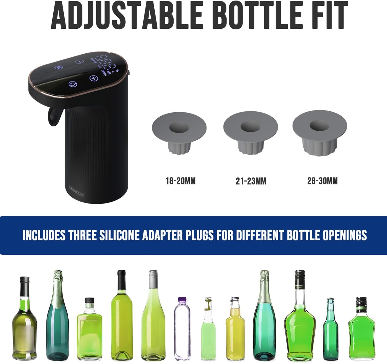 Lenoxx Instant Wine Aerator & Dispenser with Adjustable Silicone Bottle Adapters, Digital Display, Multiple Dispensing Modes, Memory Function & USB Rechargeable