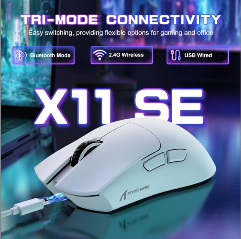 ATTACK SHARK X11SE Ultra-Light Wireless Gaming Mouse, Tri-Mode-2.4G/Usb-C Wired/Bt, Pixart PAW3311 Gaming Sensor, 22KDPI, 5 Programmable Buttons for Laptop, PC, Mac Gamer (White) image number 3