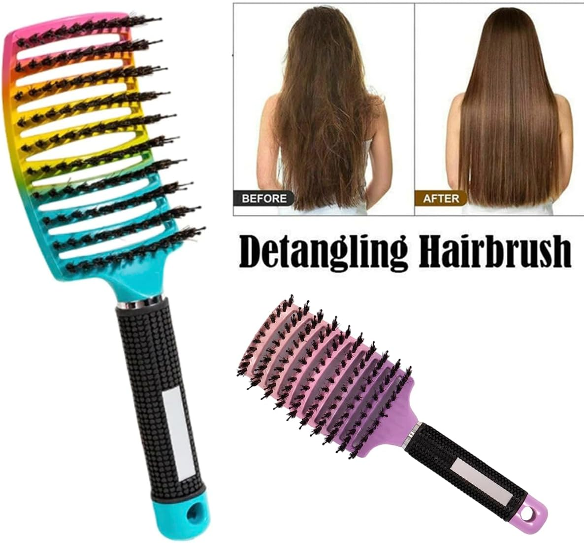 2 Pack Boar Bristle Hair Brush for Adults & Kids Hair, Comfortable Detangling Brush Getting Knots Out without Pain, Vented and Curved Hair Brush for Natural, Curly, Straight, Wet or Dry Hair image number 6