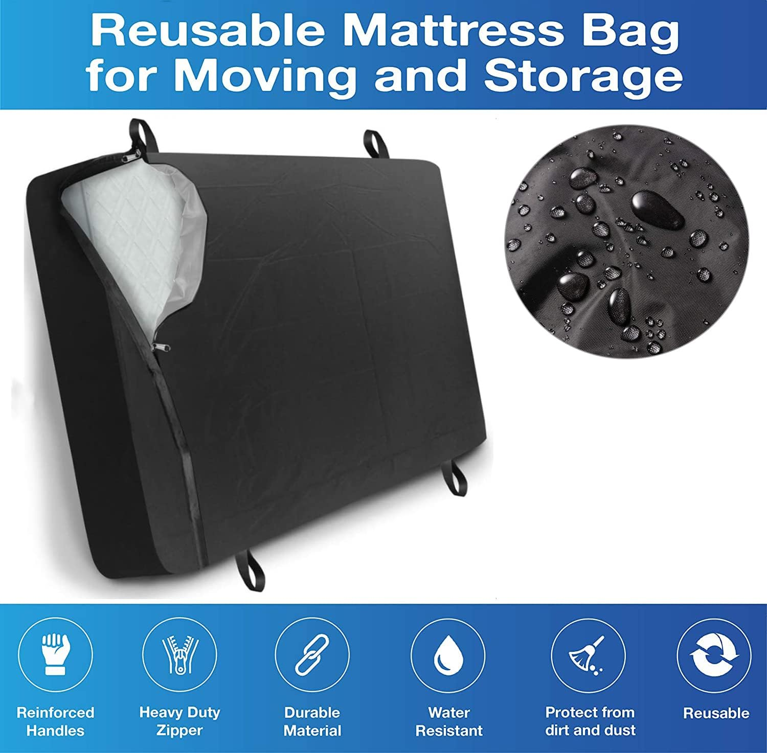 Twin Size Mattress Bags for Moving and Storage,Waterproof Dust-Proof Mattress Storage Bag with 4 Handles and Zipper,Reusable Mattress Cover for Outdoor Mattress Protector,Black image number 5