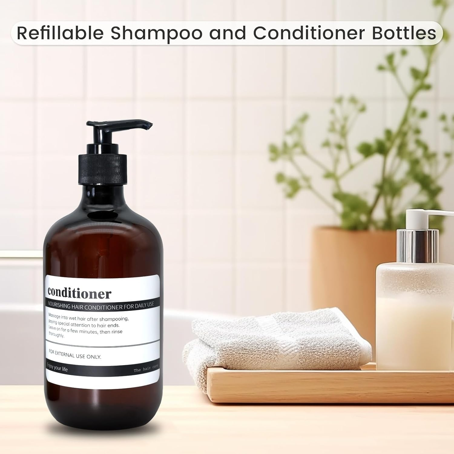 Refillable Shampoo and Conditioner Bottles, 17Oz Shampoo and Conditioner Dispenser Soap Dispenser Shampoo Dispenser Lotion Dispenser with 8 Waterproof Labels for Bathroom Hotel - Amber, 3Pcs image number 4