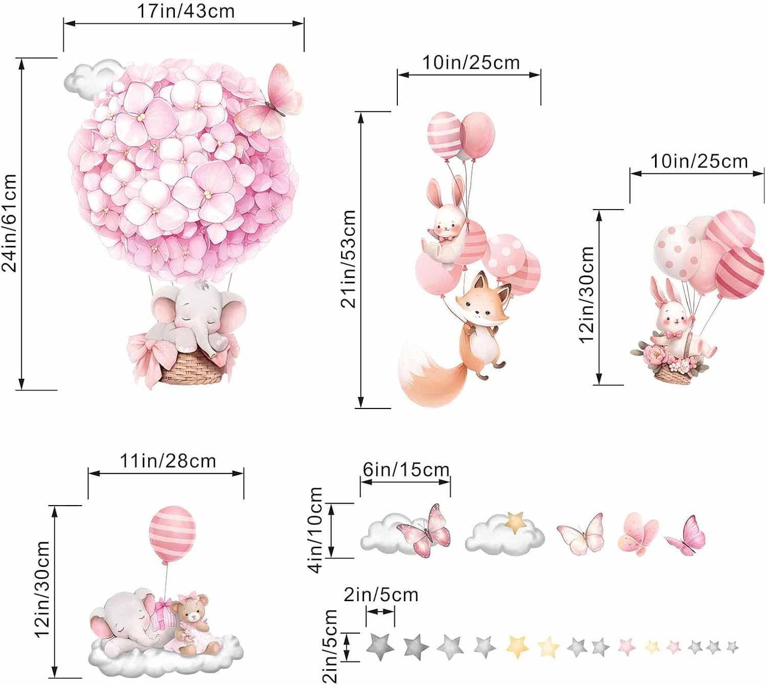 Amimagen Animals Hot Air Balloon Wall Stickers - Elephant Bear Fox Wall Decals - Girls Bedroom Baby Nursery Kids Room Wall Decor image number 1