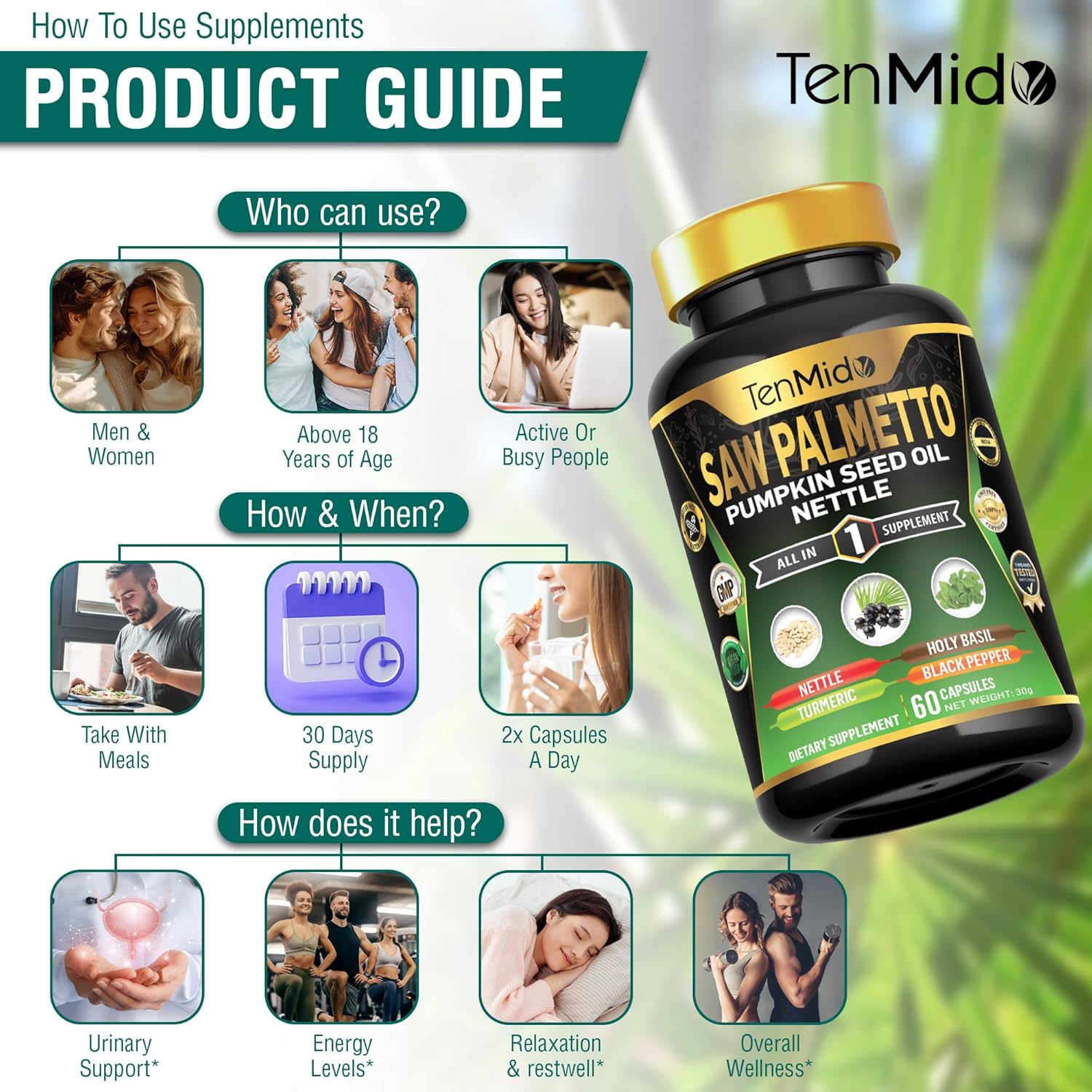 Saw Palmetto Supplement - 6In1 Blend with Pumpkin Seed Oil, Stinging Nettle, Turmeric, Holy Basil & Black Pepper - 60 Vegan & Non-Gmo Capsules image number 1