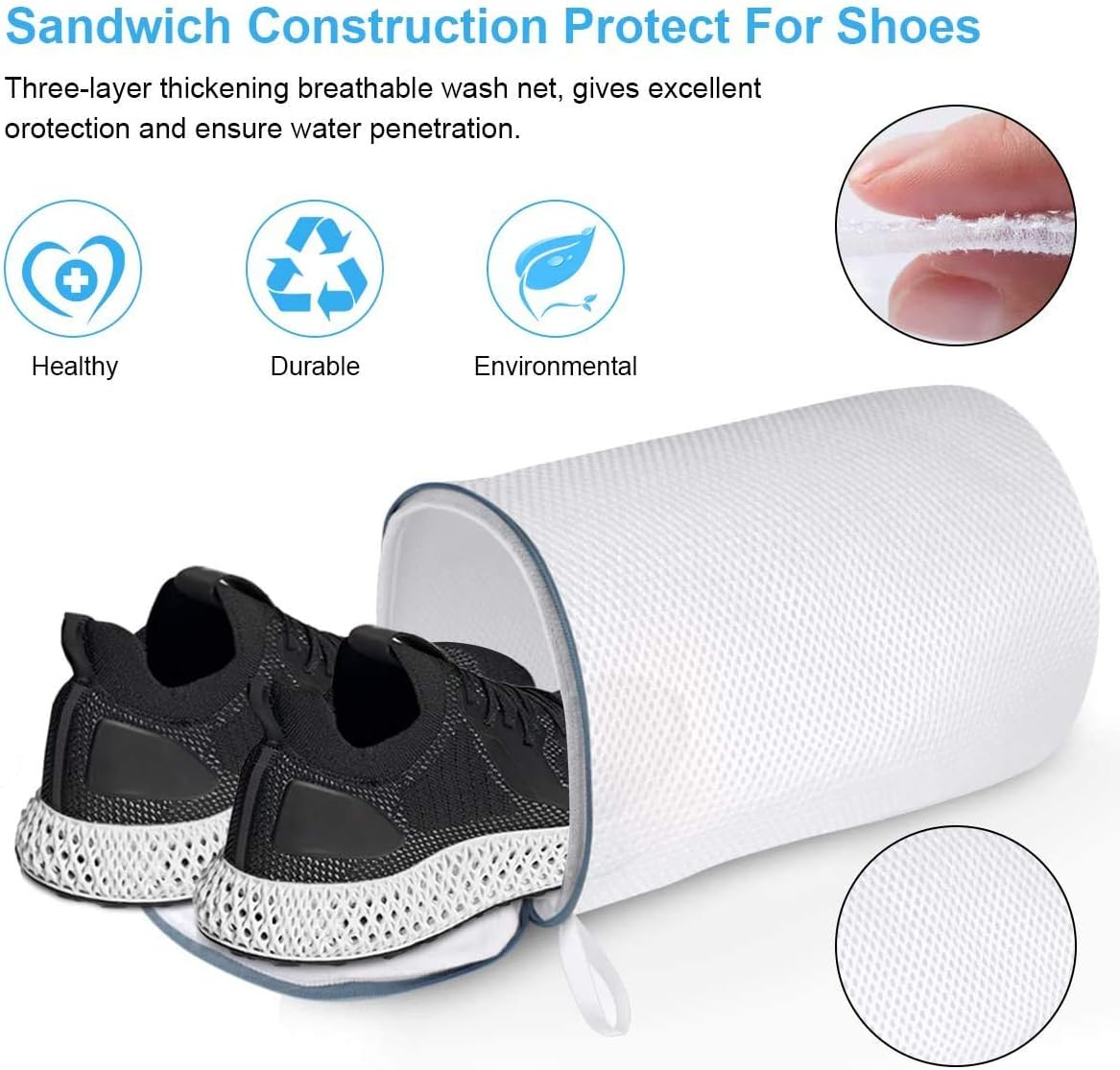 Laundry Bag for Shoes, Polyester Zippered Mesh Shoes Wash Bags, Reusable Shoe Wash Bag for Washing Machine for Sneaker, Socks, Bras, Set of 2(XL+L) image number 3