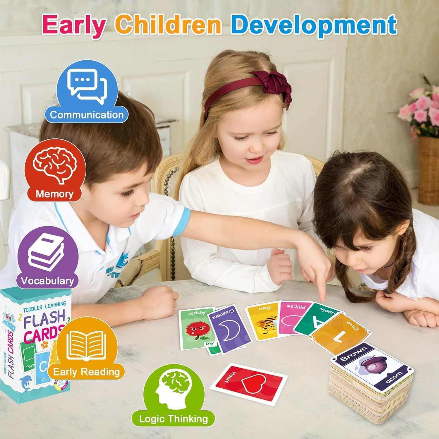 Toddler Flash Cards, Set of 58 Alphabet, Letters, Colors, Shapes and Numbers, Baby Learning Cards, Educational, Preschool, Toddler Flashcards, Double-Sided, for Toddlers 1-4 Years