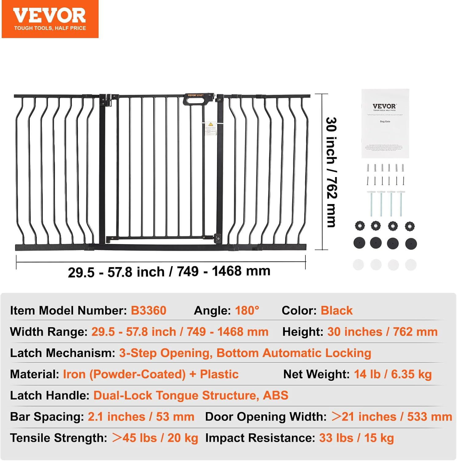 VEVOR Baby Gate, 749-1468 Mm Extra Wide, 762 Mm High, Dog Gate for Stairs Doorways and House, Easy Step Walk Thru Auto Close Child Gate Pet Security Gate with Pressure Mount and Wall Mount Kit, Black image number 4