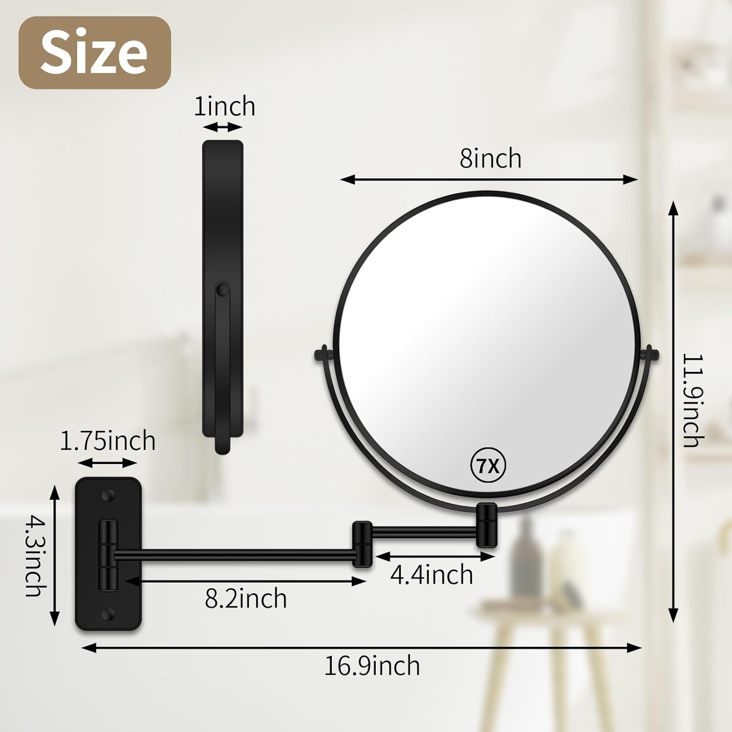 Btremary 8&rdquo; Wall Mounted Magnifying Makeup Mirror 1X/7X Wall Mount Mirror Swing Arm Two-Sided 360&deg; Swivel Bathroom Shaving Mirror for Men and Women in Hotel/Home, Black image number 2